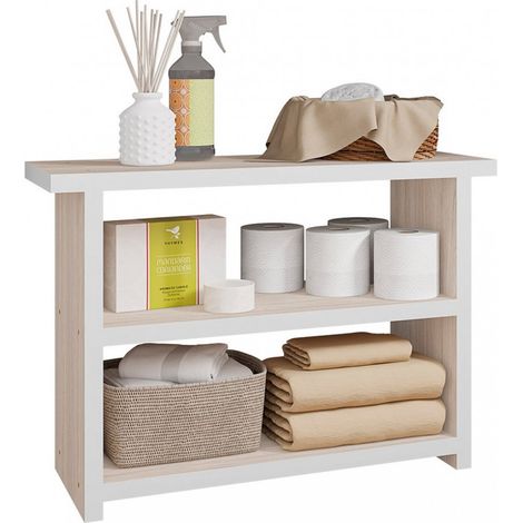 Beaux Meubles Pas Chers – Étagère multifonctions chêne clair 2 niches L 68 x H 47.5 x P 25.4 cm – Structure en panneaux de particules FSC – Solution esthétique de rangement (1/5)