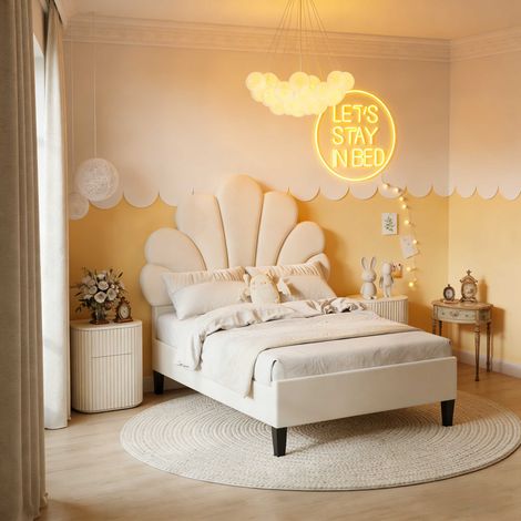 Letto singolo 90x200 cm in velluto, letto singolo con testiera floreale, rete a doghe, letto imbottito per cameretta