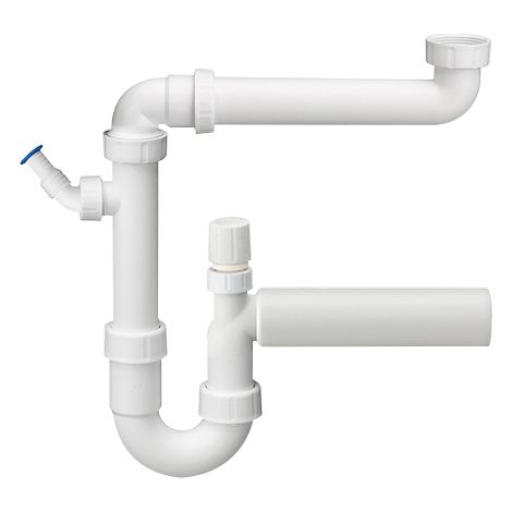 PP-Raumsparsiphon 11/2" DN 40, mit einem Geräteanschluss und Rohrbelüfter,weiss, nach DIN