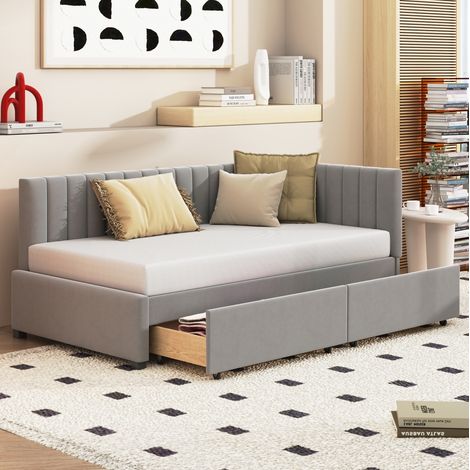 Divano letto imbottito in velluto grigio 90x200 cm con 2 cassetti e rete a doghe inclusa (1/5)