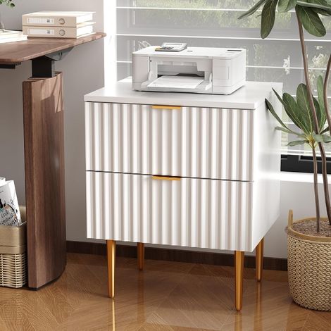 Table chevet moderne cannelée brillante blanc 2 tiroirs usb prises pieds poignées métal doré chambre (1/4)