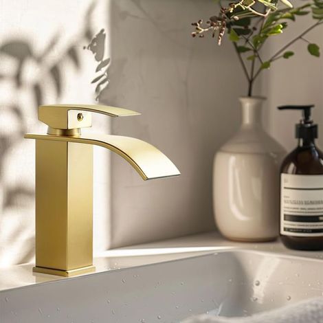 1 Mitigeur Lavabo, Laiton, Doré Brossé, Cascade, Fixation sur pont, Salle de Bain (1/5)