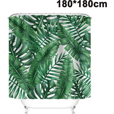Rideau de douche tropical, ensemble de rideaux de salle de bain en tissu à feuilles de bananier vert avec crochets, décoration de salle de bain lavable en machine