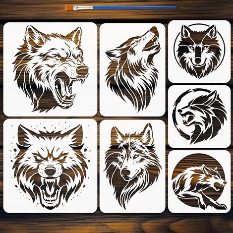 7Pcs Pochoir Peinture Tête de Loup Avec Pinceau 3 Tailles Réutilisable Style Réaliste Modèle Dessin Loup Plastique PET Motif Loups Pochoir Décoratif Modèle Thème Animal (1/5)