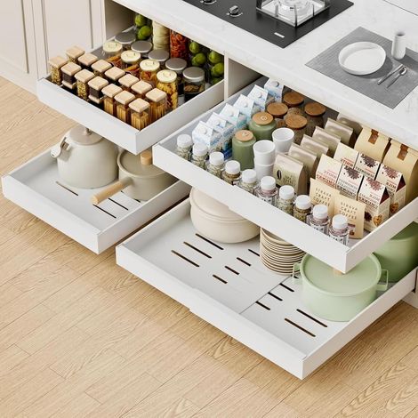 Telescopic Drawer for Kitchen Cabinets, Adjustable Width 32-52cm, Extendable Kitchen Cupboard Organizer with Nano Film Adhesive Attachment, White (Pack of 4-White) (1/5)