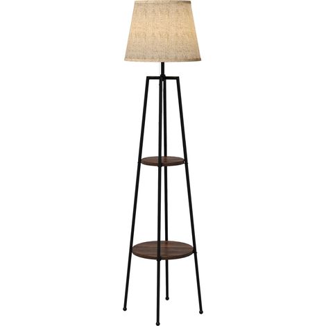 Lampadaire 2 étagères de rangement douille E27 40 W interrupteur à tirette abat-jour tissu 42 x 42 x 166 cm noir marron