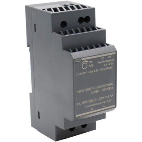NALOOKAMICBloc d'alimentation rail DIN 24V 1,5A 36W – Tension réglable – Protection contre courts-circuits – Plage de température -30 à +70°C