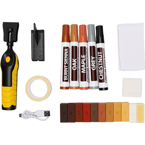Kit de réparation de sol stratifié, stylo thermofusible, bâton de cire 11 couleurs, 5 marqueurs de meubles pour réparer les fissures, les bosses, les trous, les rayures (1/5)