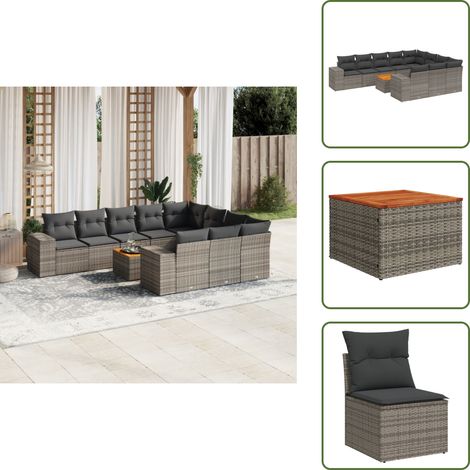 The Living Store 11-tlg. Garten-Sofagarnitur mit Kissen Grau Poly Rattan - Gartensorte - Gartenmöbelset - Esstischgarnitur - Outdoor Möbel - Lounge Set (1/5)