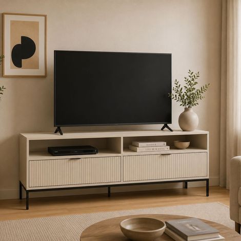 Mueble para TV Limame, 2 cajones, 3 estantes, puertas efecto rayado, 150x40x60h cm beige oscuro (1/4)