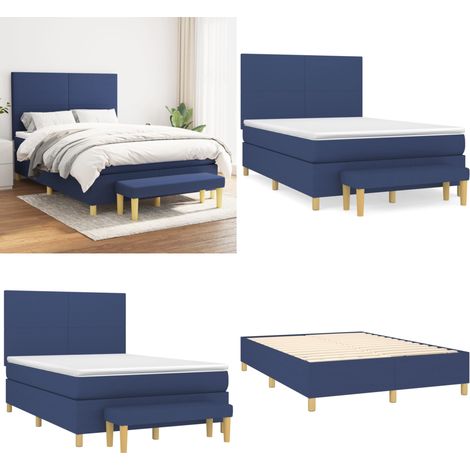 Sommier à lattes de lit avec matelas Bleu 140x190 cm Tissu - Lit Double - Lit Plateforme - Matelas Ressorts Ensachés - Têtière Ajustable - Banc Rangement - Home & Living (1/5)