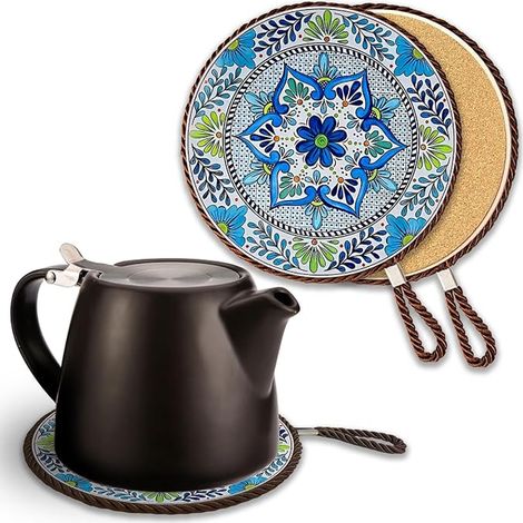 17 cm Ceramic Trivets with Natural Cork Base, Heat Resistant Stand for Teapots, Pots and Serving Dishes, Decorative Protection for Kitchen Dining Table (1/5)