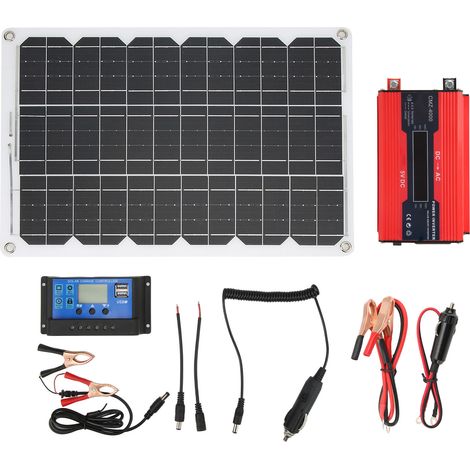 Kit solaire camping 18W 18V panneau solaire rouge + contrôleur 30A 12V/24V + onduleur 12V à 110V, écran couleur, double USB 4.2A, pour camping (1/5)