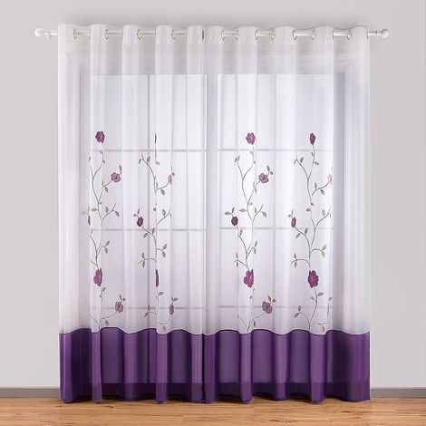 Rideau à œillets, broderie florale transparente, 140 cm x 145 cm, violet, idéal pour chambre, cuisine et salon. (1/5)