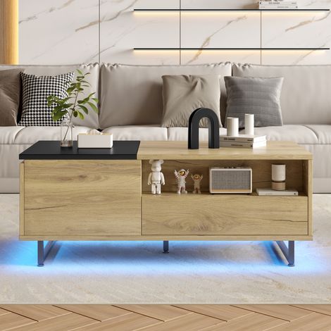 Tavolino rialzabile 106,5x50x27,5 cm, finitura naturale, con LED, cassetti, scomparti e ampio spazio portaoggetti (1/5)