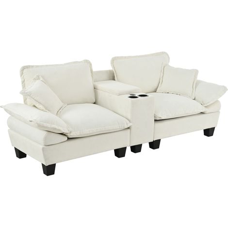 ELVMI Sofá modular con USB, almacenaje, portavasos y 2 cojines, en Chenilla, Beige, 224 x 82 x 90 cm (1/5)