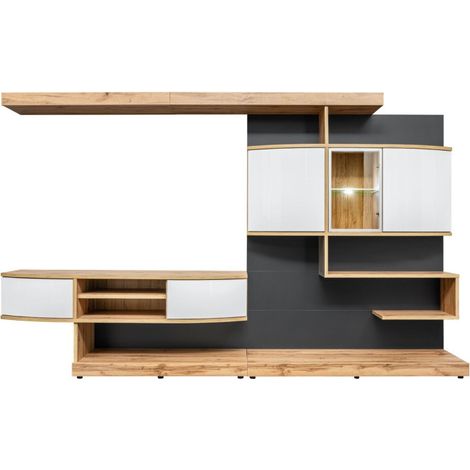Ensemble meuble TV mural Palermo avec vitrine LED - Bois MDF anthracite et blanc brillant et chêne Wotan - 300 x 182 x 45 cm - Livraison gratuite (1/5)