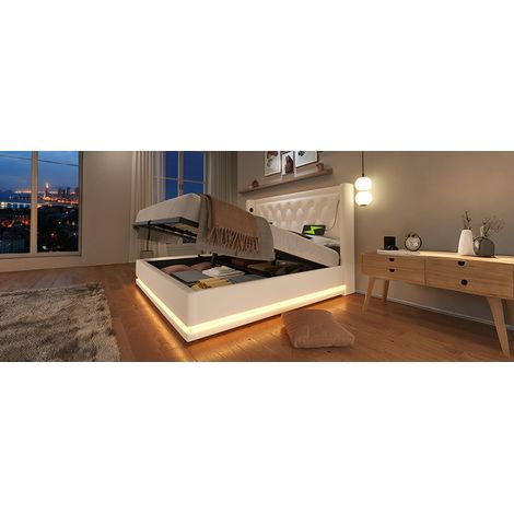 Doppelbett 160x200 cm weißes PU mit Stauraum, LED, USB, ohne Matratze – MEUBLIV (1/5)