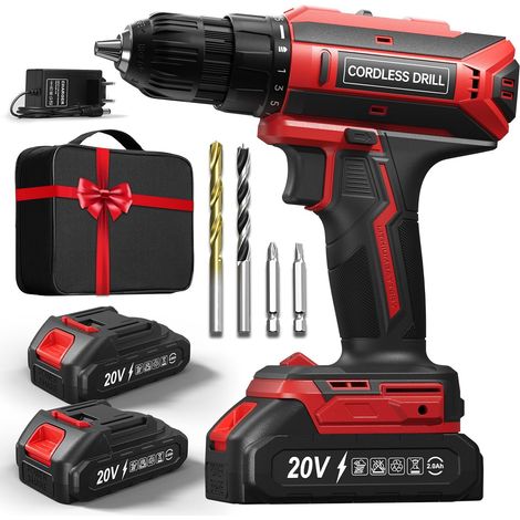 Cordless Drill with 2 Batteries, 20 V Cordless Drill Devicer, Max Torque 42Nm, 2 Speed LED Devicer, Compatible with Batteries, 25+1 Torque, 10 mm Chuck Red (1/5)