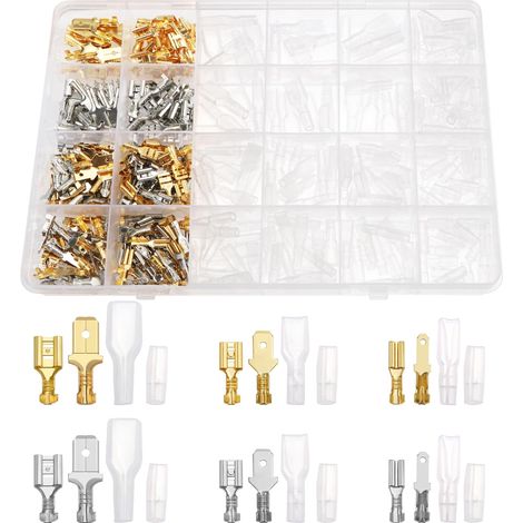 440 Pièces 2.8mm 4.8mm 6.3mm Fil Terminal À Sertir, Mâle Femelle Bêche Terminal Bloc Connecteur avec Isolation Manches Assortiment Kit, pour Haut Parleur Audio de Voiture (Doré + Argent) (1/5)