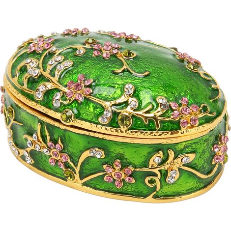 Boîte à bijoux florale peinte à la main, détails réalistes classiques, boîte de rangement à charnière pour bagues et boucles d'oreilles, verte. (1/5)