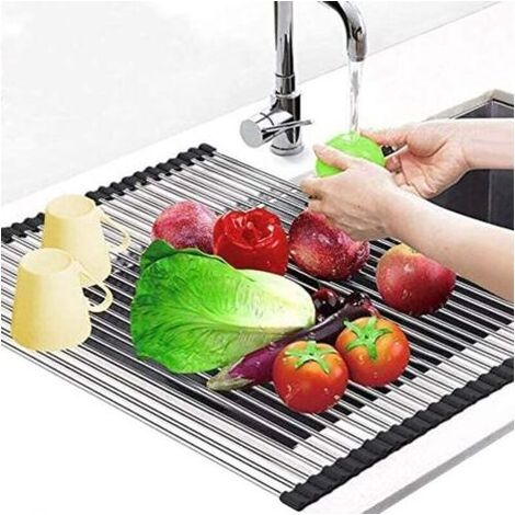 Séchoir à Vaisselle Enroulable, Égouttoir à Vaisselle Enroulable Égouttoir Grille Séchage, Séchoir à Vaisselle Roll-Up en Acier Inoxydable Pliable Évier Égouttoirs de Cuisine, 43x35cm-Enlé (1/4)