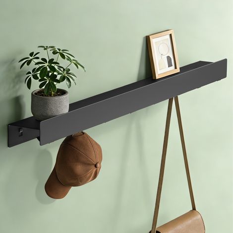 Mai & Mai Wandgarderobe mit Ablage und 4 Haken, Garderobenleiste mit versteckten Kleiderhaken, Kleiderstange Wandmontage 40cm, Sandschwarz Stalo-11
