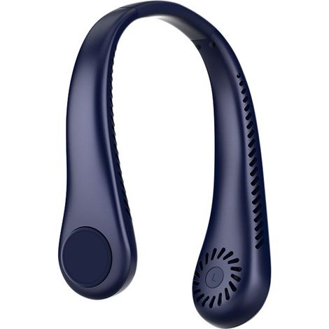 Ventilateur de cou portable sans pales double tête 360° 3 vitesses rechargeable USB mains libres voyage extérieur sport bureau été bleu (1/5)