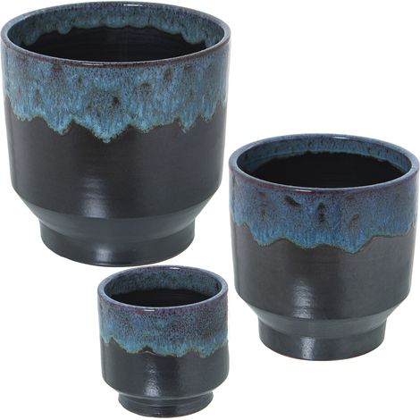 Lot de 3 Jardinières Réactives en Céramique Bleu/Noir °16X16+°21X21+°26X26 Cm (1/5)