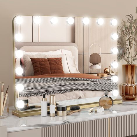 Puluomis – Miroir de maquillage LED 80x60cm – 18 ampoules – 3 couleurs de lumière – Grossissant 10X – Contrôle tactile – Installation murale ou de bureau – Doré (1/5)