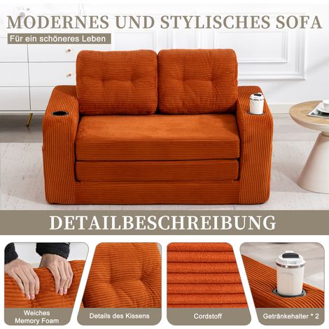 Canapé 2 places convertible pouf double velours côtelé orange, porte-gobelets, poches latérales, coussins dossier matelassés, sans cadre 130x80x70cm