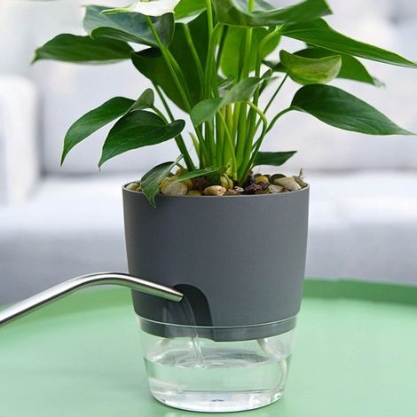 Pot de fleurs décoratif en plastique avec corde en coton et arrosage automatique, gris, 15,3 cm de diamètre, idéal pour plantes d'intérieur et d'extérieur, fleurs et herbes aromatiques. (1/5)
