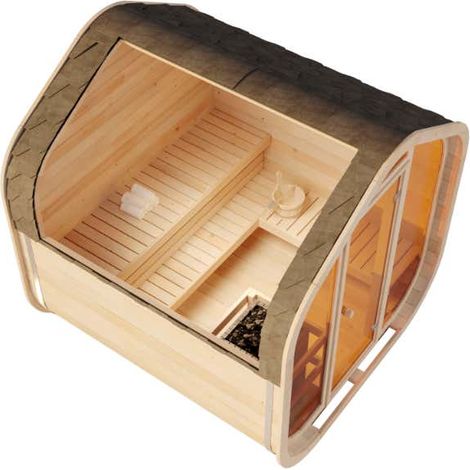 FinnTherm Fasssauna ScandiCube Wave Comfortissimo Fasssauna 2 Sitzbänke aus Holz , Sauna mit 42 mm Wandstärke, Außensauna mit Montagematerial