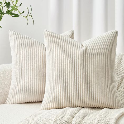 Housse Coussin 80x80 Decoratif en Velours Côtelé avec Fermeture Eclair Caché Taie Oreiller Super Doux pour Décoration Coussin Canape Salon Jardin Fauteuil Lit, Beige Blanc, Lot de 2 (1/5)