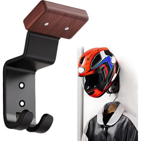 Filiyano – Support mural pour casque, porte-casque de moto avec double crochet, présentoir en bois massif et acier pour casques, vestes et manteaux (1/5)
