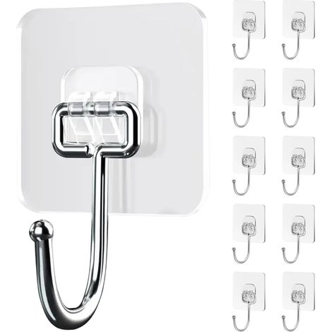 10 Pièces Crochet Adhesif Mural (max 30 kg) Extra Solides, Autocollants Transparents, étanches et Sans Traces pour Crochets Muraux, Crochets de Plafond, Salle de Bain, Ustensiles de Cuisine (1/5)