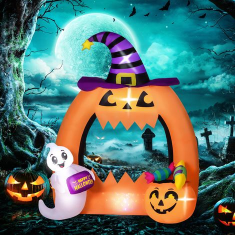 Arche d'Halloween gonflable 150 cm avec fantôme lumineux LED, décoration extérieure citrouille gonflée, kit fantomatique pour soirée. (1/5)