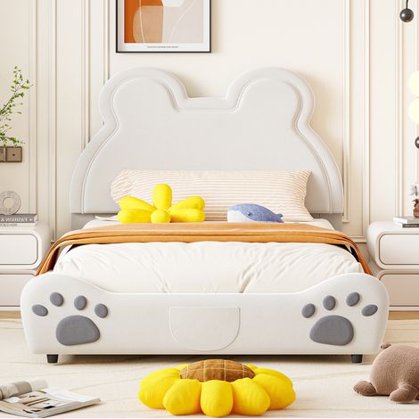 Letto imbottito per bambini 140x200 cm, orso, bianco, in velluto, con rete a doghe (1/5)