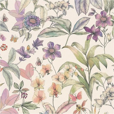 Blumen Tapete Profhome 791872 heißgeprägte Vliestapete leicht strukturiert mit floralen Ornamenten matt weiß lila oliv-grün schwarz 5,33 m2