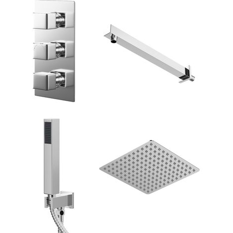Wholesale Domestic Cubix Polished Chrome Triple Thermostatic Valve Mixer Shower with Thin Square Fixed Head and Square Handset Outlet Holder - 2 Outlet (1/5)