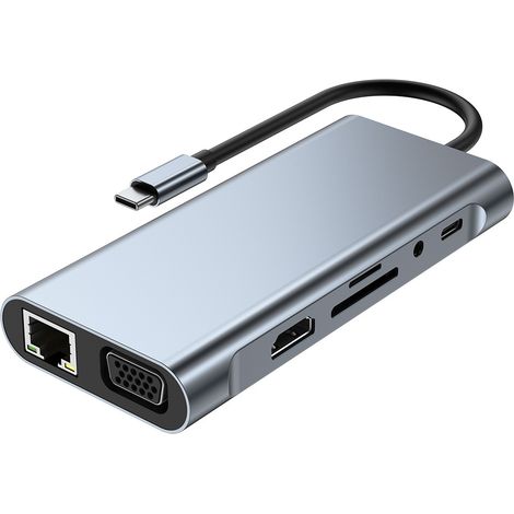 HUB USB C, Adaptateur USB C 11 en 1 avec 4K-HDMI, VGA, USB 3.0, Type C PD, Ethernet RJ45, Lecteur de Carte SD / TF, AUX 3,5 mm, Compatible avec MacBook Pro / Air, Plus Type C Dispositifs (1/2)