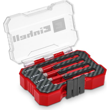 Original Einhell XS-CASE 4-tlg. Diamant-Fliesenbohrer-Set (Trockenschnitt, 7-mm-Diamantbesatz, Paraffinfüllung, superdünner Turbo-Schneidrand, E 6.3 Schaft inkl. Aufbewahrungsbox)