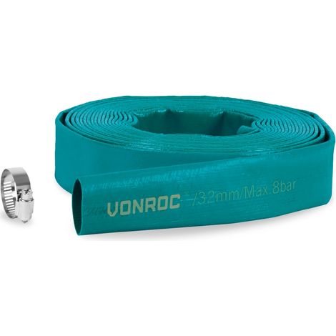 Vonroc – Tuyau plat pour pompe submersible 10m x 32mm – Pression max 8 bar – Collier de serrage en acier inoxydable – Grande capacité de débit