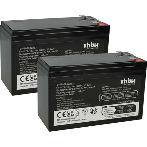 vhbw 2x batteria compatibile con APC BE650R-CN, BE700G-FR, BE700-AZ, BE650Y-IN, BE700-FR, BE700-CP, BE700-GR, BE700-IT UPS (7,2Ah, 12V, AGM)