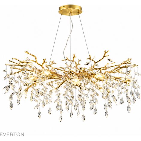 Lustre Doré en Cristal 100 cm, Grand Luminaire Suspendu Style Branches d’Arbre, Suspension Design Luxe avec Cristaux K9, Hauteur Réglable, E14, pour Salon et Salle à Manger