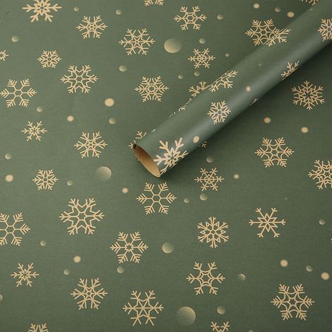 Weihnachtsgeschenkpapier aus Kraftpapier, 75 x 50 cm, umweltfreundlich, grünes Schneeflockenmuster, 5 Stück