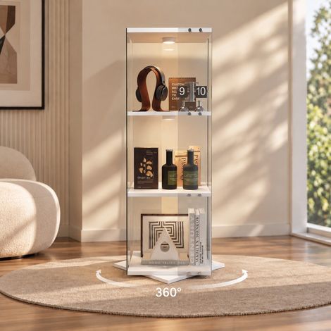 Vitrina expositora giratoria 360° de vidrio, 3 niveles, 121 cm, foco LED RGB, sistema antivuelco, vidrio templado y madera, blanco (1/5)