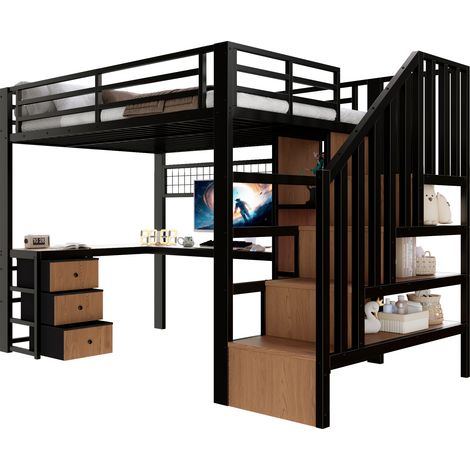 Hochbett 90 x 200 Cm Mit 4 Schubladen, Schreibtisch, Einstellbarer LED Und Stauraumtreppe, Ohne Matratze, Aus Metall, Schwarz (1/5)