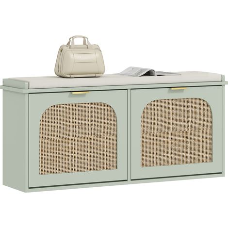 Light Green Boho Shoe Bench with Cushioned Seat and Dual Flip Drawers for Stylish Entryway Storage