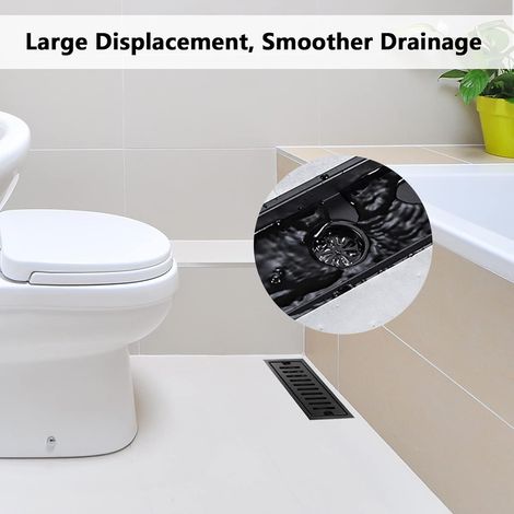Siphon de sol rectangulaire, en acier inoxydable noir, 20 x 10 cm, avec double filtre pour douche, WC et baignoire. (1/5)